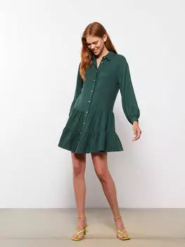 Простое женское платье-рубашка с длинным рукавом LCW Casual, средне-зеленый