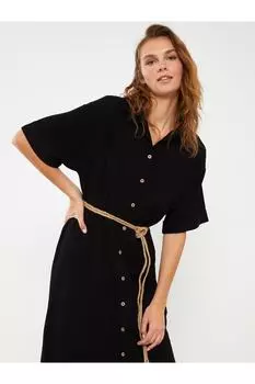 Простое женское платье с коротким рукавом и воротником-рубашкой LC Waikiki, черный