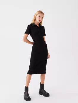 Простое женское платье с коротким рукавом и воротником-рубашкой LCW Casual, черный