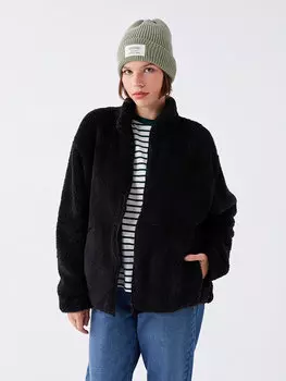 Простой женский плюшевый кардиган большого размера с воротником-стойкой и длинными рукавами LCW Casual, черный