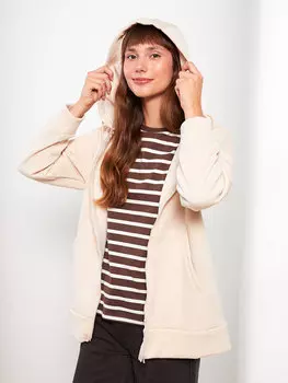 Простой женский спортивный кардиган большого размера с капюшоном и длинными рукавами LCW Modest, ваниль