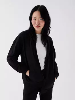 Простой женский спортивный кардиган большого размера с капюшоном и длинными рукавами LCW Casual, черный