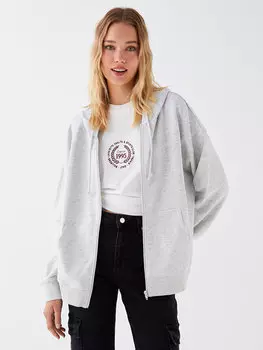 Простой женский спортивный кардиган большого размера с капюшоном и длинными рукавами LCW Casual, средне-серый меланж