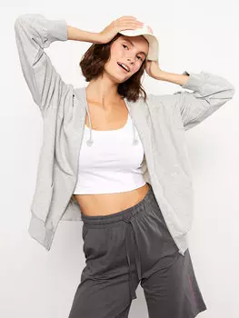 Простой женский спортивный кардиган с капюшоном и длинными рукавами LCW Casual, средне-серый меланж