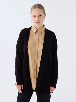 Простой женский вязаный кардиган оверсайз с длинными рукавами и воротником-шалькой LCW Modest, черный