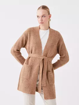 Простой женский вязаный кардиган оверсайз с длинными рукавами и воротником-шалькой LCWAIKIKI Classic, меланж из верблюжьей шерсти