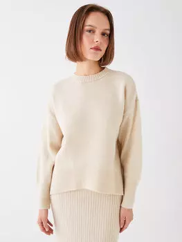 Простой женский вязаный свитер большого размера с круглым вырезом и длинными рукавами LCW Casual, светло-бежевый