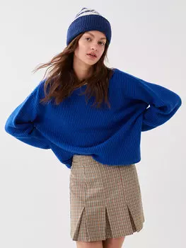 Простой женский вязаный свитер большого размера с круглым вырезом и длинными рукавами LCW Casual, светло-темно-синий