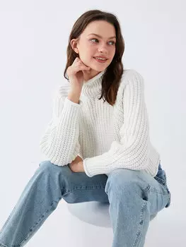 Простой женский вязаный свитер большого размера с полуводолазкой и длинными рукавами LCW Casual, экрю