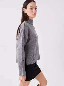 Простой женский вязаный свитер большого размера с полуводолазкой и длинными рукавами LCW Casual, антрацит меланж