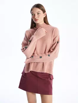 Простой женский вязаный свитер большого размера с полуводолазкой и длинными рукавами LCW Casual, матовый розовый