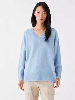 Простой женский вязаный свитер большого размера с v-образным вырезом и длинными рукавами LCW Casual, синий