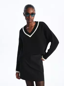 Простой женский вязаный свитер большого размера с v-образным вырезом и длинными рукавами LCW Vision, новый черный