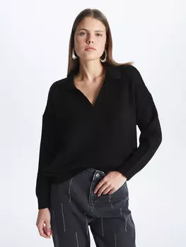 Простой женский вязаный свитер большого размера с воротником-поло и длинными рукавами LCW Casual, новый черный