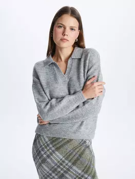 Простой женский вязаный свитер большого размера с воротником-поло и длинными рукавами LCW Casual, серый меланж