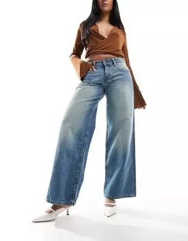 Просторные очень широкие джинсы с низкой посадкой цвета морской волны Motel
