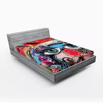 Простыня ABAKUHAUS Art на подгонке, Граффити, как мимолетное искусство, красочная картина с изображением животного, похожего на лицо человека, собаки, 90 x 200 см, Разноцветный