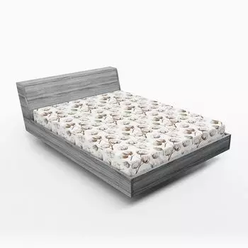 Простыня ABAKUHAUS Botanical на подгонке, Картина из ветвей хлопка на однотонном органическом фоне, 90 x 200 см, Светло-зеленый умбра