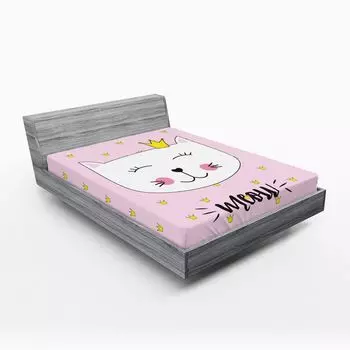 Простыня ABAKUHAUS Cat на подгонке, иллюстрация рукописной каллиграфии «мяу» с короной, 90 x 200 см, нежно-розовый, антрацитово-серый