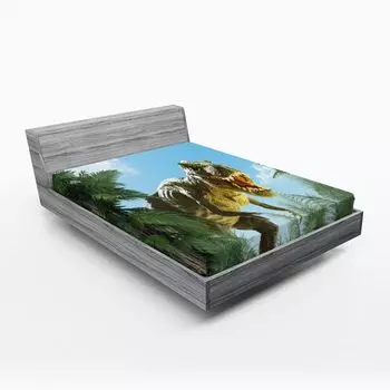 Простыня ABAKUHAUS Fantasy, Гигантский динозавр в лесу, Юрское чудовище, ископаемое существо, цифровой дизайн, 90 x 200 см, Зеленый папоротник, Небесно-голубой