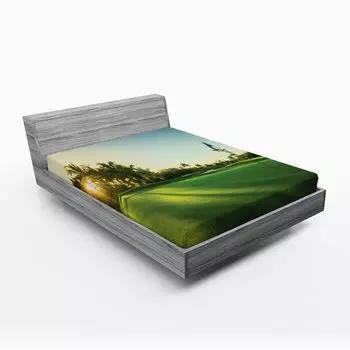 Простыня ABAKUHAUS Golf, Закат на поле для гольфа на загородных рекреационных и расслабляющих курортах Доминиканской Республики, 90 x 190 см, Зеленый Кадет Синий