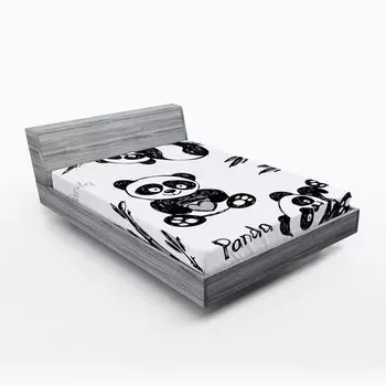 Простыня ABAKUHAUS Panda, разные позы милой панды с веткой бамбука, детский принт, 90 х 190 см, белый и черный