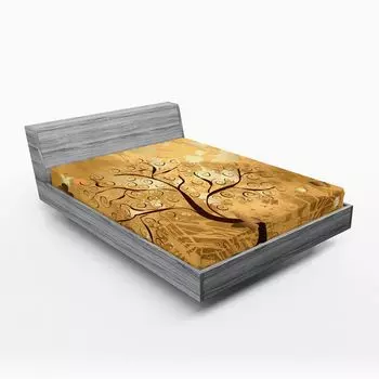 Простыня ABAKUHAUS Tree, композиция Dirt Art с закрученными ветвями и силуэтами бабочек, 90 x 190 см, коричневый и светло-коричневый