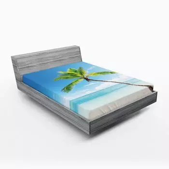 Простыня ABAKUHAUS Tropical, Пальма на Карибском пляже, Чистое небо, Горизонт, Панорама жаркого солнечного дня, 90 x 200 см, Бежево-зеленый синий