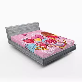 Простыня ABAKUHAUS Yum на подкладке, надпись Yum с изображением Happy Hearts Ice Cream Strawberry and Chocolate Bar, 90 x 200 см, бледно-розовый и разноцветный