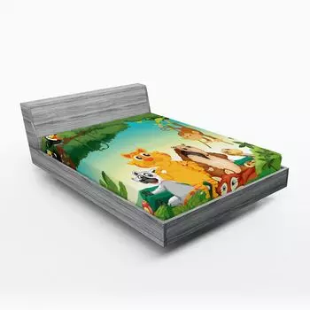Простыня ABAKUHAUS Zoo, лесная сцена с различными животными, среда обитания, джунгли, тропическая среда, детский мультфильм, 90 x 200 см, разноцветный