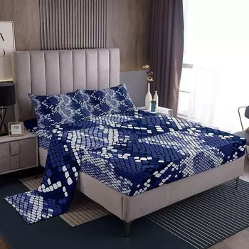 Простыня Feelyou Snake для детей, мальчиков и девочек, комплект серпантиновых простыней, комплект постельного белья Anaconda, синий, 1 простыня на резинке и 1 плоская простыня с 2 наволочками, полный размер, Multi 02