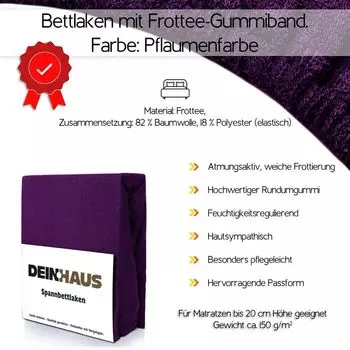 Простыня махровая на подкладке Простыня ХЛОПОК цвета сливовый 180Х200 DH DEIN . HAUS