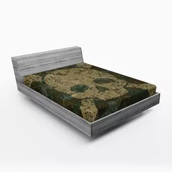 Простыня на подгонке ABAKUHAUS Camo, абстрактная текстура с узором в виде черепа и скрещенных костей, стиль состаренного ржавого гранжа, 90 x 190 см, темно-зеленый хаки-кремовый