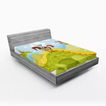 Простыня на подгонке ABAKUHAUS Fantasy, Рыцарь Дон Кихот с лошадью в Средневековой сказочной долине Дракона, 90 x 200 см, Яблочно-зеленый, Небесно-голубой