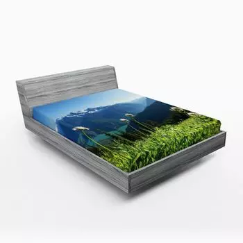 Простыня на подгонке ABAKUHAUS Nature, Diablo Lake Washington Mountains Одуванчик Чертополох Цветы дикой природы, 90 x 190 см, Небесно-зеленый