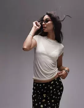 Прозрачная базовая футболка Topshop Premium нейтрального цвета с воротником-воронкой