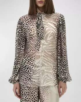 Прозрачная блузка на пуговицах с животным принтом Roberto Cavalli, цвет Naturale