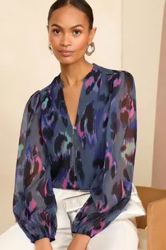 Прозрачная блузка с длинными рукавами на молнии спереди Love & Roses, синий