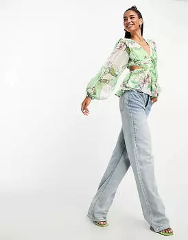 Прозрачная блузка с плиссированной талией и вырезом на спине ASOS DESIGN с ярким цветочным принтом