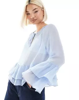 Прозрачная блузка в стиле бохо с оборками нежно-голубого цвета Pieces