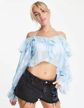Прозрачная голубая жаккардовая блуза с рюшами и галстуком ASOS DESIGN