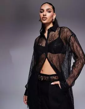 Прозрачная кружевная рубашка черного цвета River Island