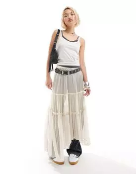 Прозрачная многоярусная юбка макси кремового цвета с эффектом омбре COLLUSION