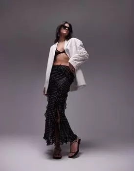 Прозрачная однотонная юбка макси Topshop в горошек с рюшами