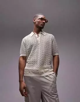 Прозрачная рубашка-поло вязанного крючком Topman каменно-бежевого цвета с золотой нитью из люрекса