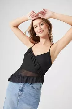 Прозрачная сетчатая майка с оборками Forever 21, черный