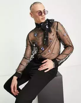 Прозрачная сетчатая рубашка с цветочной вышивкой ASOS