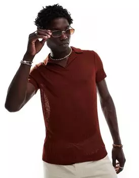 Прозрачная текстурированная коричневая футболка-поло с облегающим кроем ASOS DESIGN