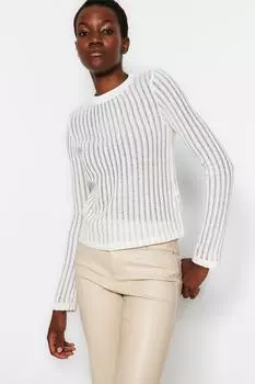 Прозрачная трикотажная блузка цвета экрю стандартной длины с круглым вырезом Trendyol