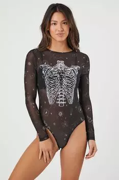 Прозрачное боди с рисунком скелета Forever 21, черный
